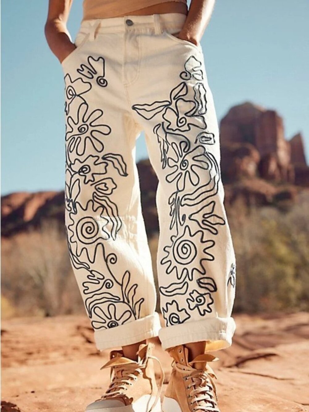 We The Free People Good Luck Soutache Barrel Jeans ivory floral embroidery sz 33